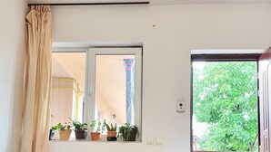 A room with a window, a curtain, and several potted plants on the windowsill. - Cute Compact One BHK Apartment Near Center ! 10 mins walk (Cluj-Napoca)