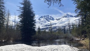A snowy landscape with a mountain range in the background, a river in the foreground, and trees surrounding the area. - Valdez Robe River Front Property (Valdez)