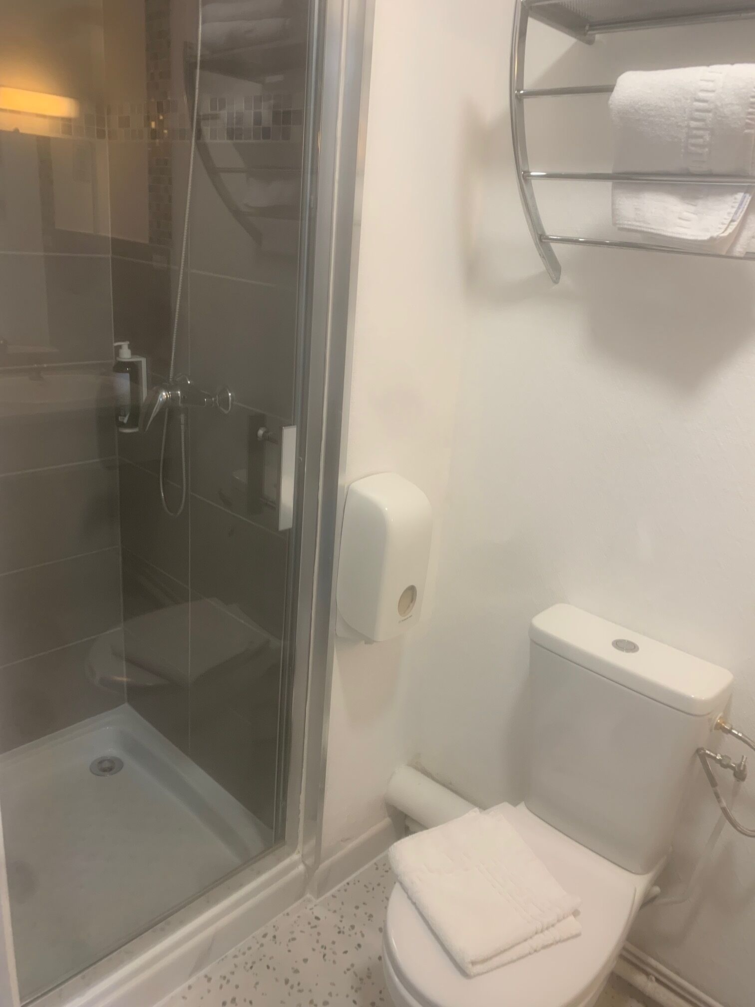 Een badkamer met een douchecabine van glas, een toilet en een zeepdispenser.