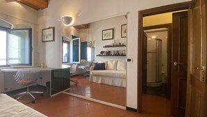 A room with a bed, a desk, a chair, a sofa, a mirror, a bookshelf, and a shower area. - Appartamento Lamberti (Florence)