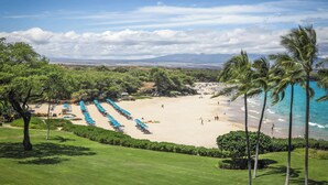 Un complejo turístico en la playa con hileras de sombrillas azules, arena y palmeras.