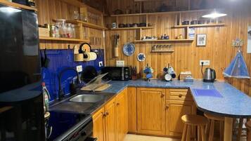 Fridge, microwave, oven, cookware/dishes/utensils