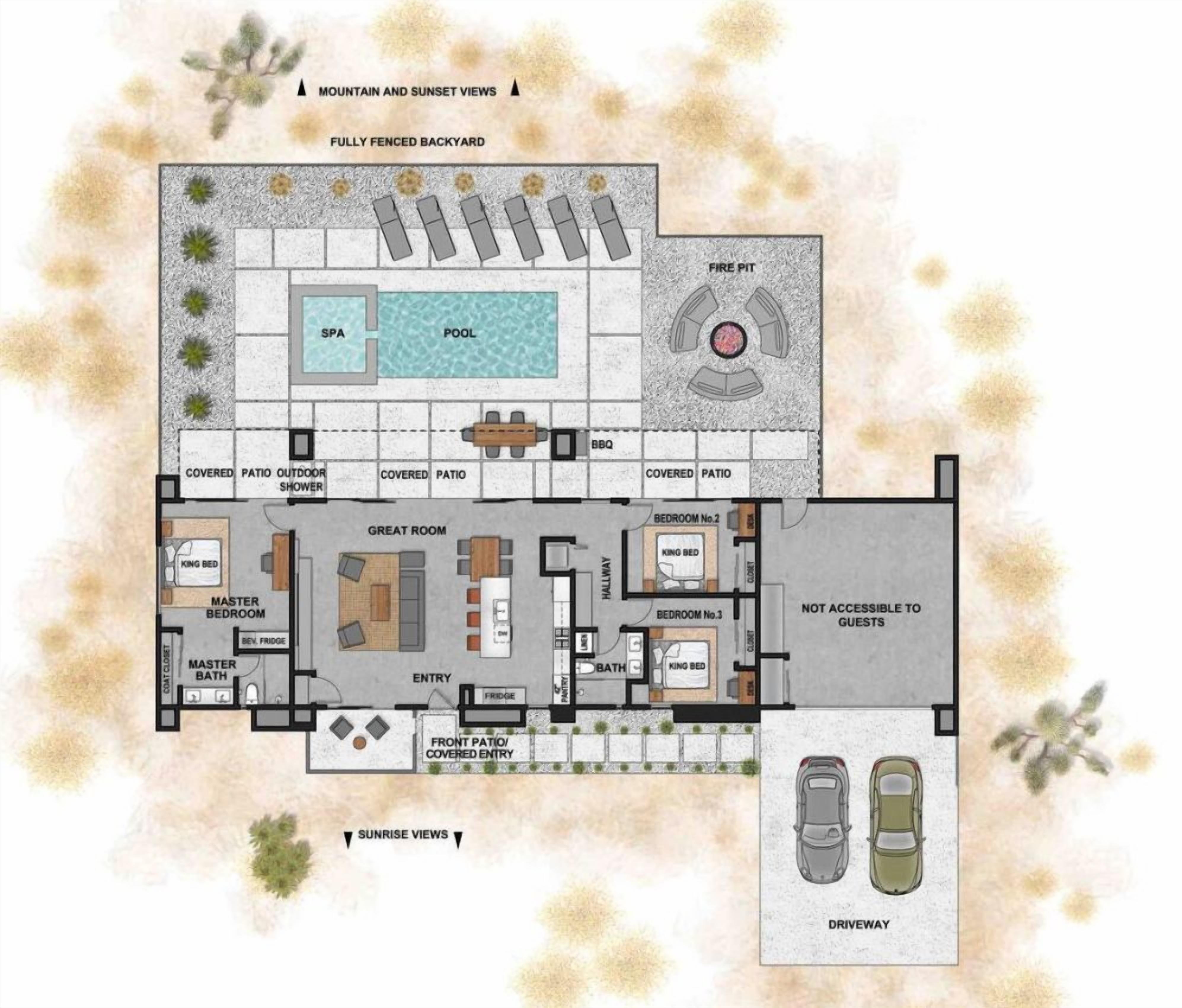 Un plan d’étage d’hôtel comprenant un patio couvert, une piscine, un spa et un foyer extérieur.
