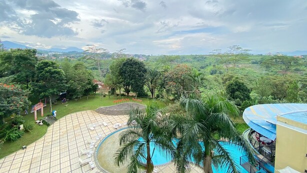 Ein Poolbereich mit einer Palme, Liegestühlen und Blick auf eine üppige Landschaft.
