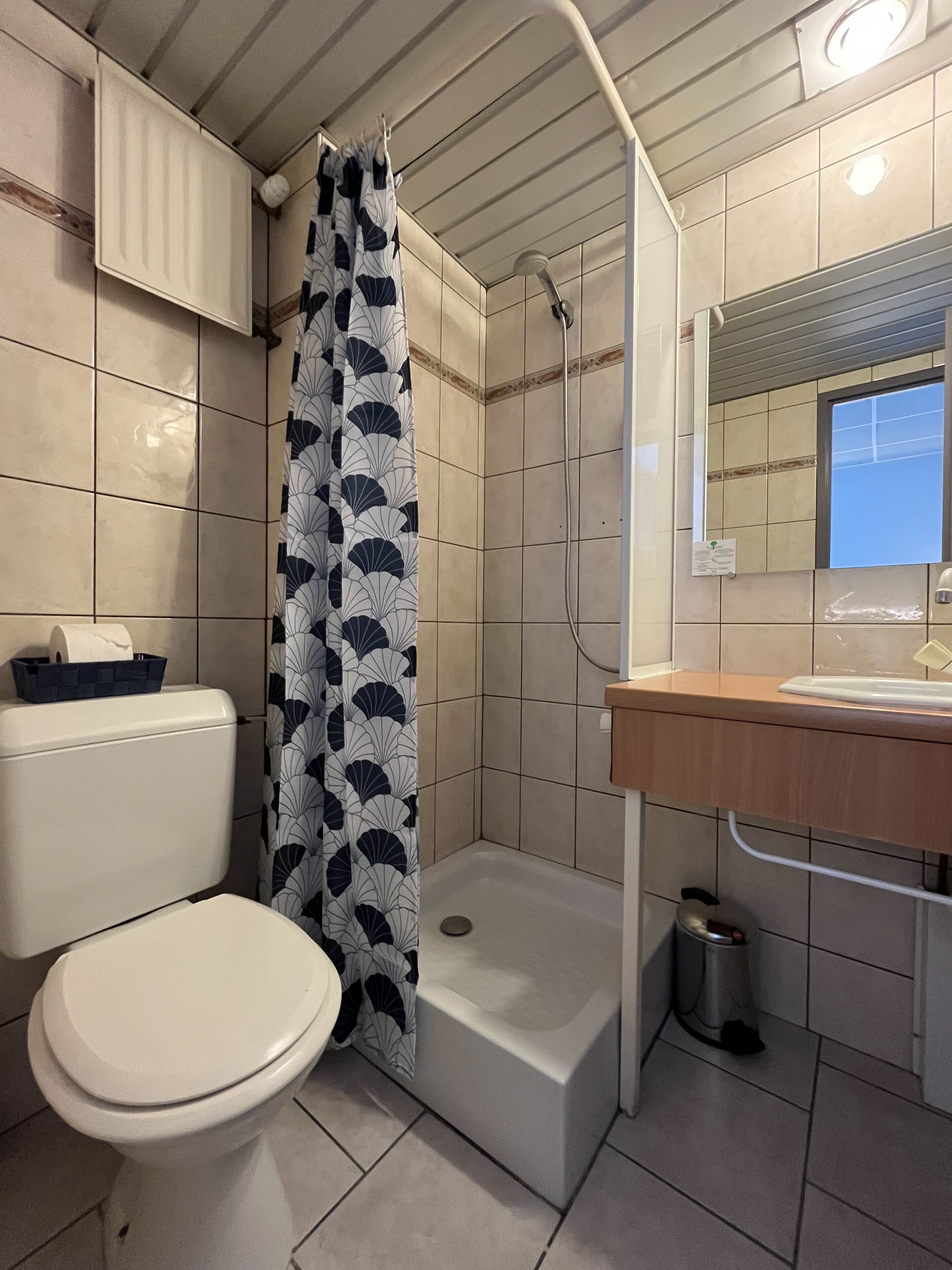 Un baño con inodoro, ducha y lavamanos.