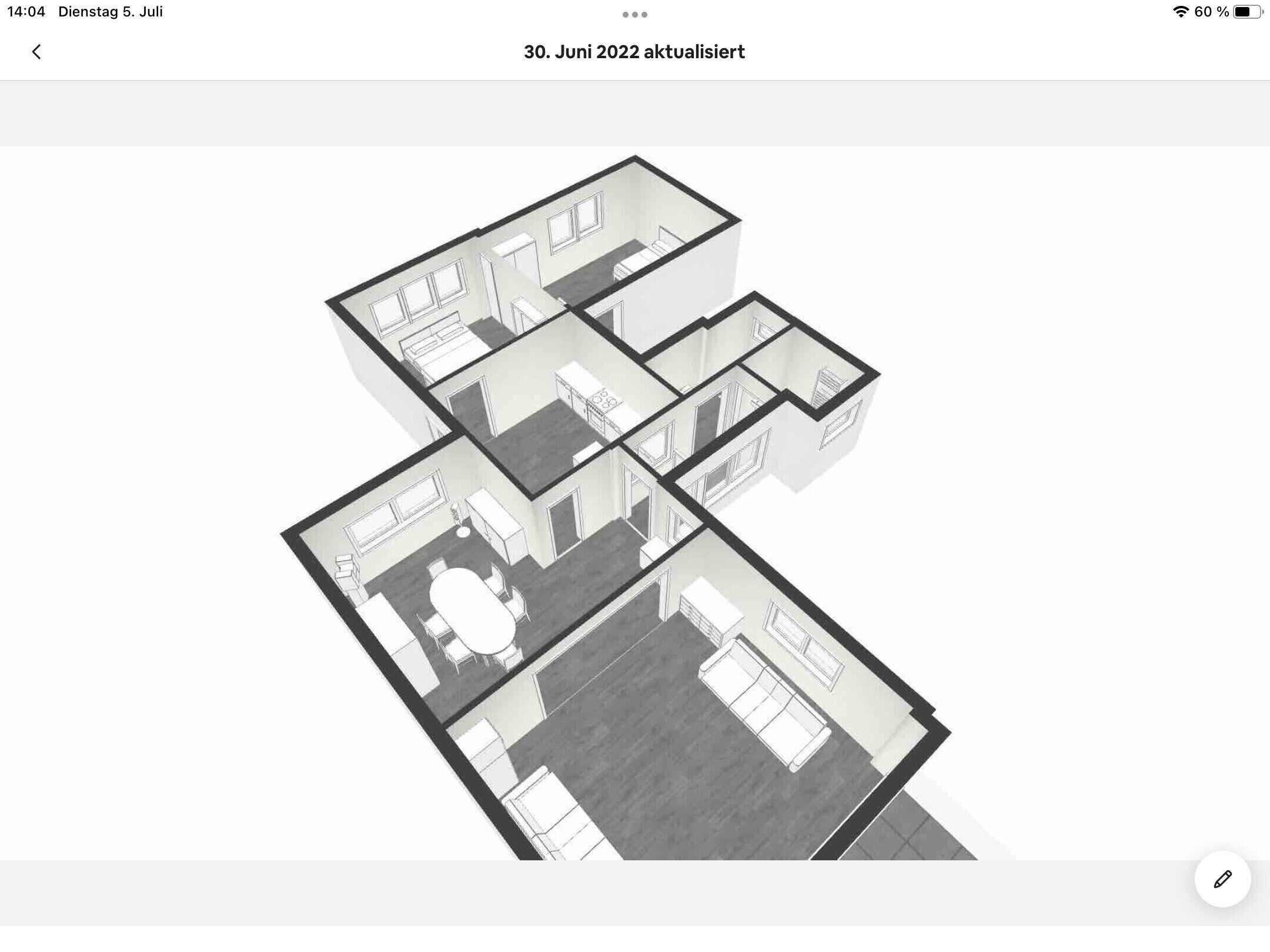 Een driedimensionale plattegrond van een modern appartement met keuken, eethoek, woonkamer en twee slaapkamers.