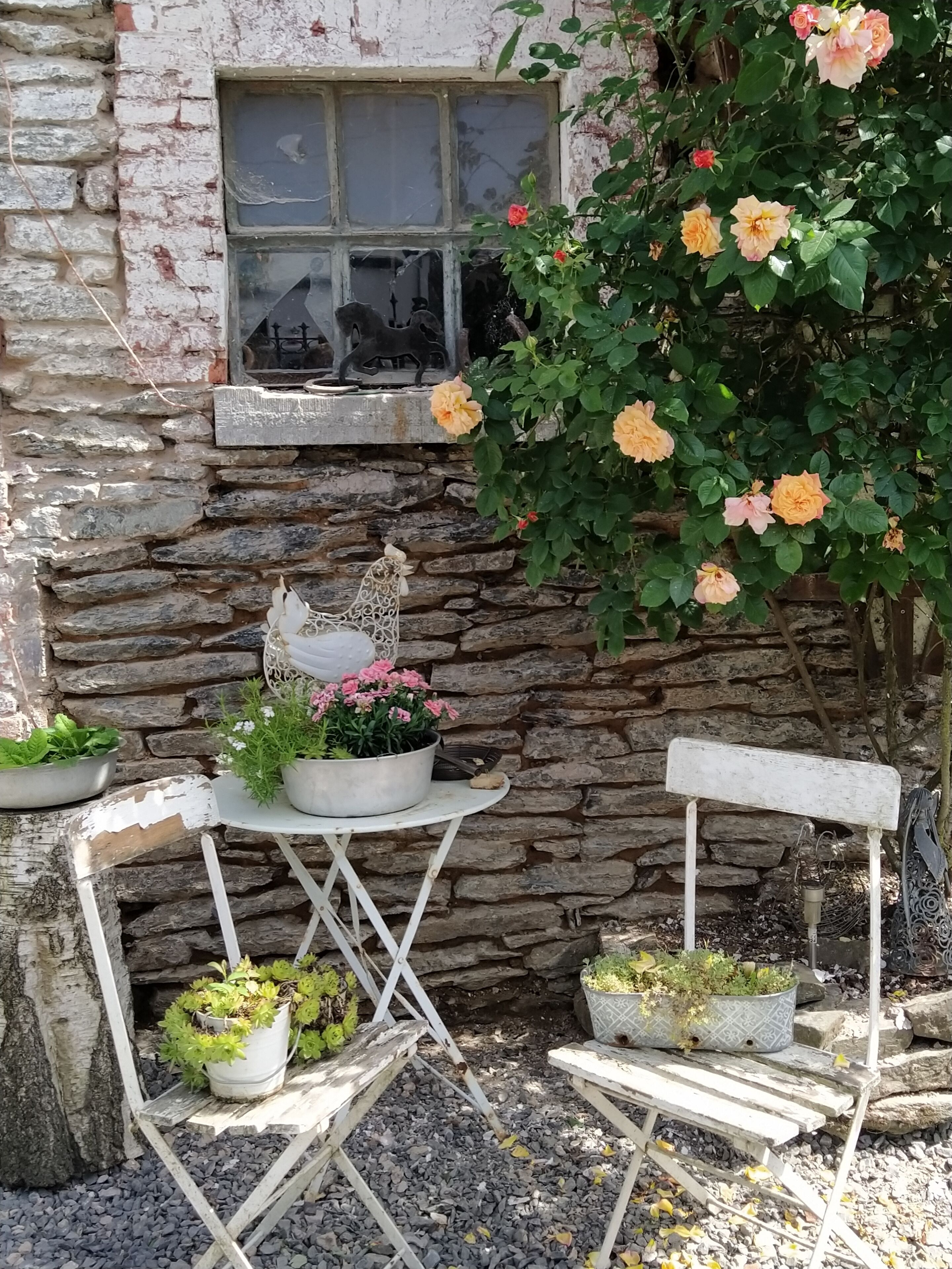 Zona d'estar a l'exterior rústica, amb pared de pedra, una finestra i plantes en testos.