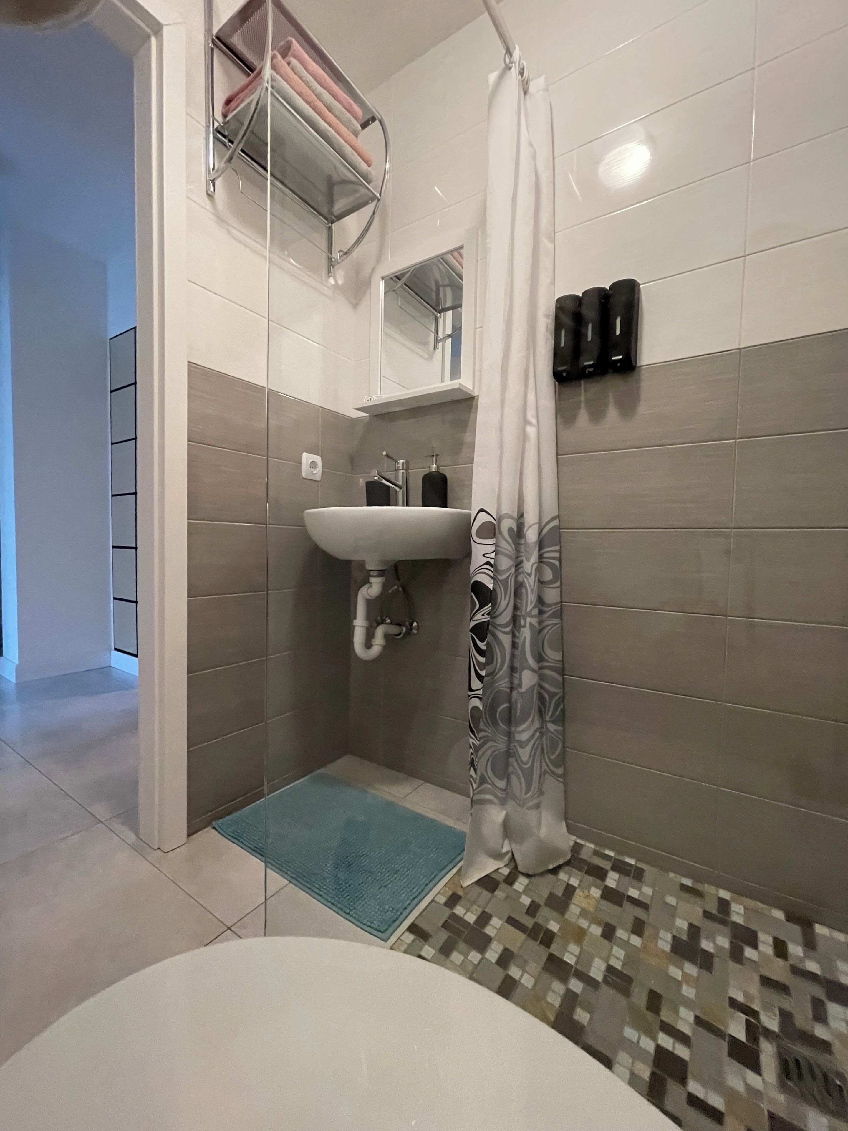 Ducha, secador de pelo, toallas y jabón