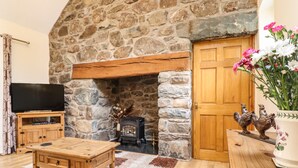 A cozy living room with a stone fireplace, wooden furniture, and a television on a wooden stand.