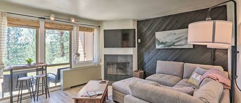 TV, fireplace, books