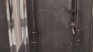 Ein modernes Duschbad mit Handbrause und Deckenbrause.