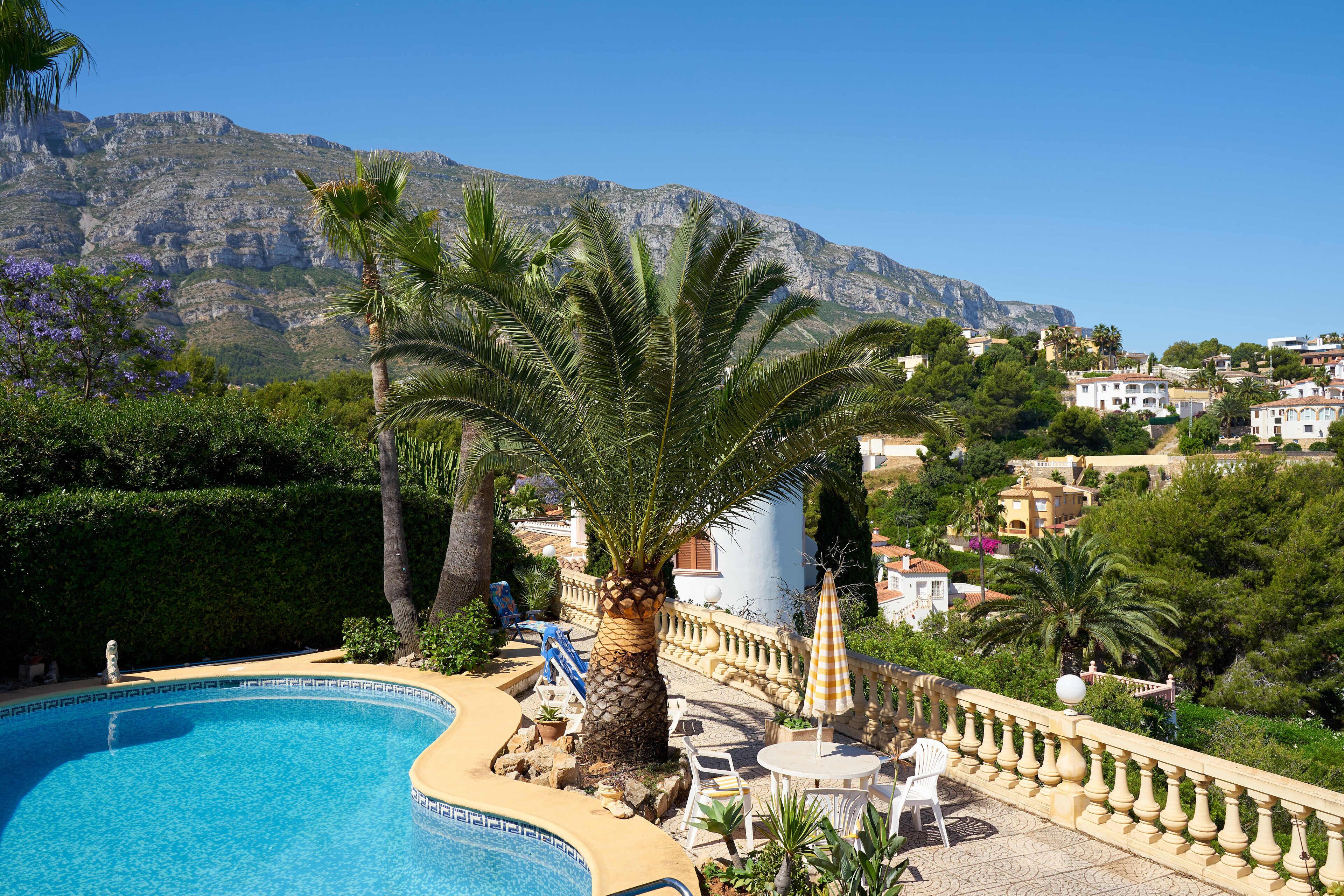 A swimming pool with a curved edge, surrounded by palm trees and a view of a mountainous landscape.