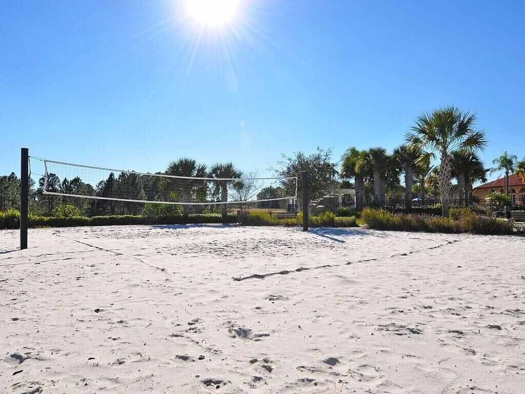 A sandy beach volleyball court with a net, palm trees, and a clear blue sky.