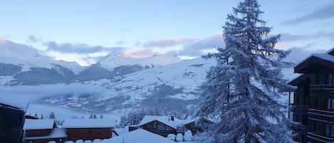 A snow-covered mountain village with wooden buildings and a prominent snow-laden tree.