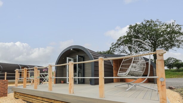 A wooden deck with a rope swing and a hanging chair, leading to a modern building with a curved roof.