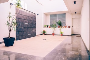 Un intérieur épuré et moderne, avec un sol carrelé, une grande plante en pot et une fenêtre équipée de stores.