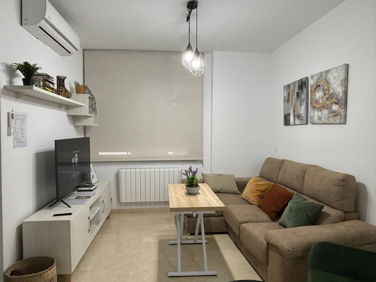 Een moderne woonkamer met een bank, een salontafel, een televisie en een radiator.