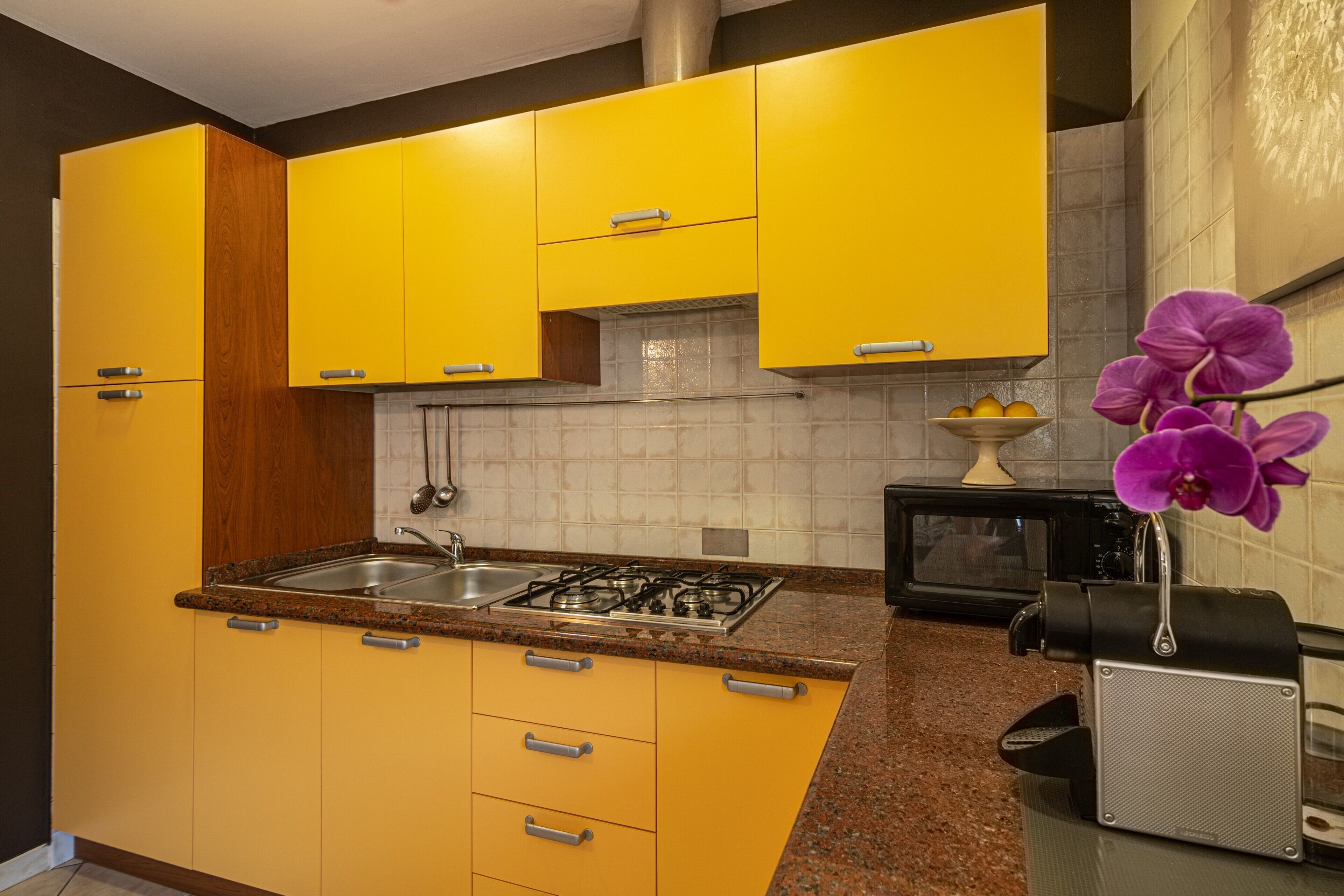 Kühlschrank, Mikrowelle, Herdplatte, Wasserkocher mit Kaffee-/Teezubehör