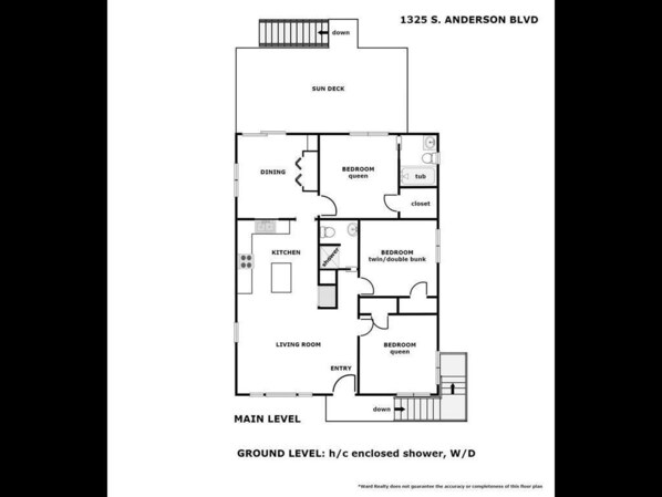 Grundriss eines Hauses in der Anderson Boulevard 1325. Er zeigt eine Hauptetage mit Essbereich, Küche, Wohnzimmer und zwei Schlafzimmern. Im Erdgeschoss befinden sich eine Sonnenterrasse und eine abgeschlossene Dusche.