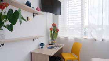 Una habitación con escritorio, una silla, televisor montado en la pared, planta de cactus y ventana con cortinas translúcidas.