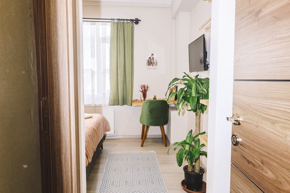 A narrow hallway leading to a bedroom with a bed, a green chair, a potted plant, and a television on the wall.
