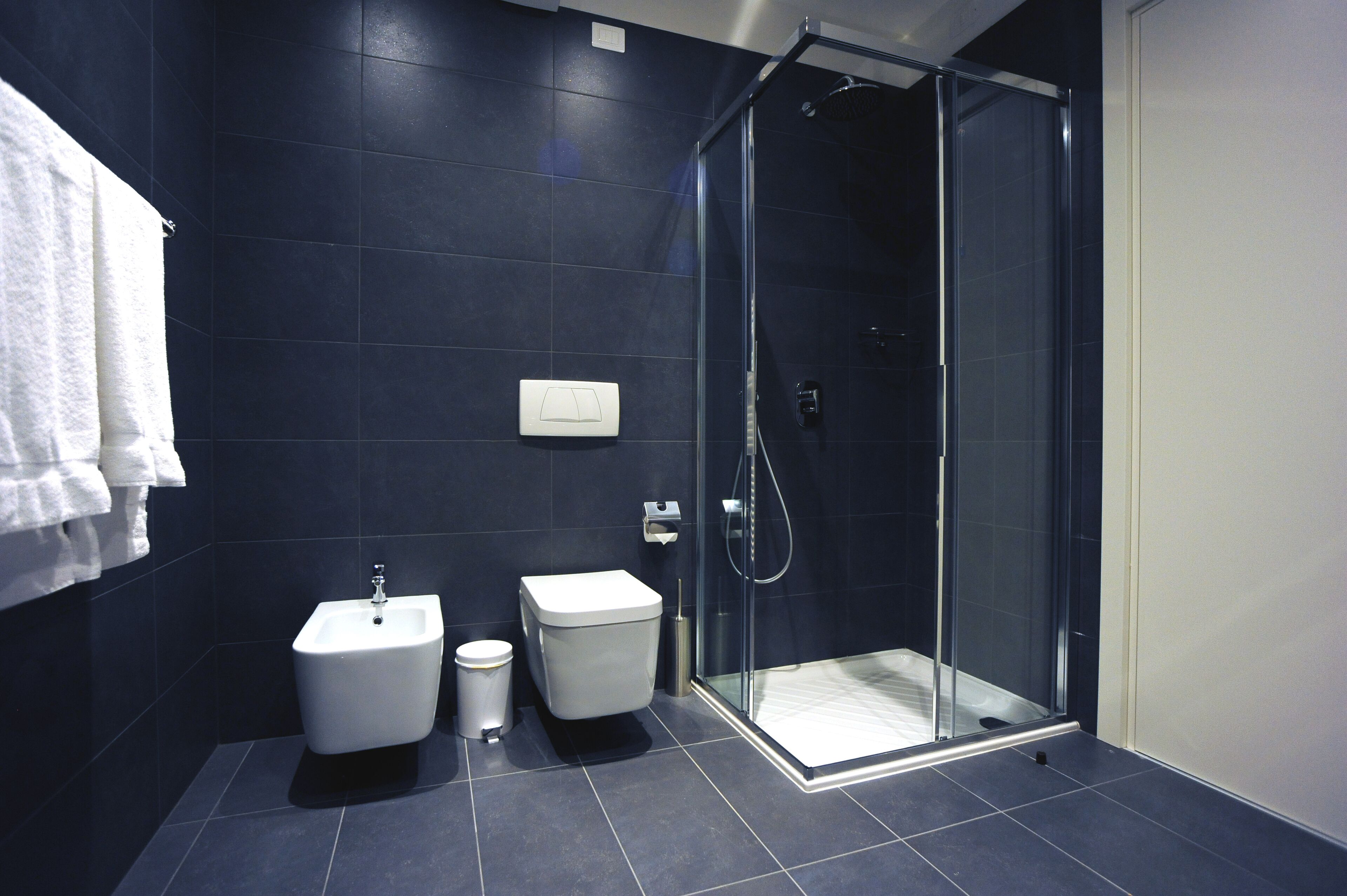 Un baño moderno con baldosas oscuras, ducha con cerramiento de vidrio, un bidé y un inodoro.