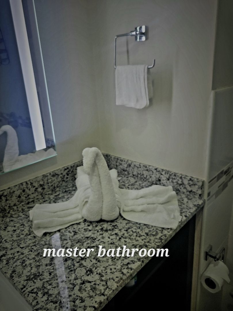A bathroom with a granite countertop, a towel rack, and a toilet paper holder.