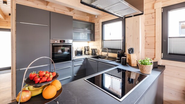A modern kitchen with wooden walls, a stainless steel stove, and a black countertop. - Bergwaldchalets Wellness (Wernigerode)