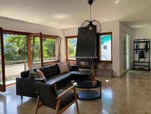 Smart TV, chimenea, libros y estéreo 