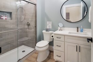 A modern bathroom with a glass-enclosed shower, a white toilet, and a vanity with a mirror and sink. - Golden Lofts Unit 3 Downtown Traverse City 2bd/2ba (Traverse City)