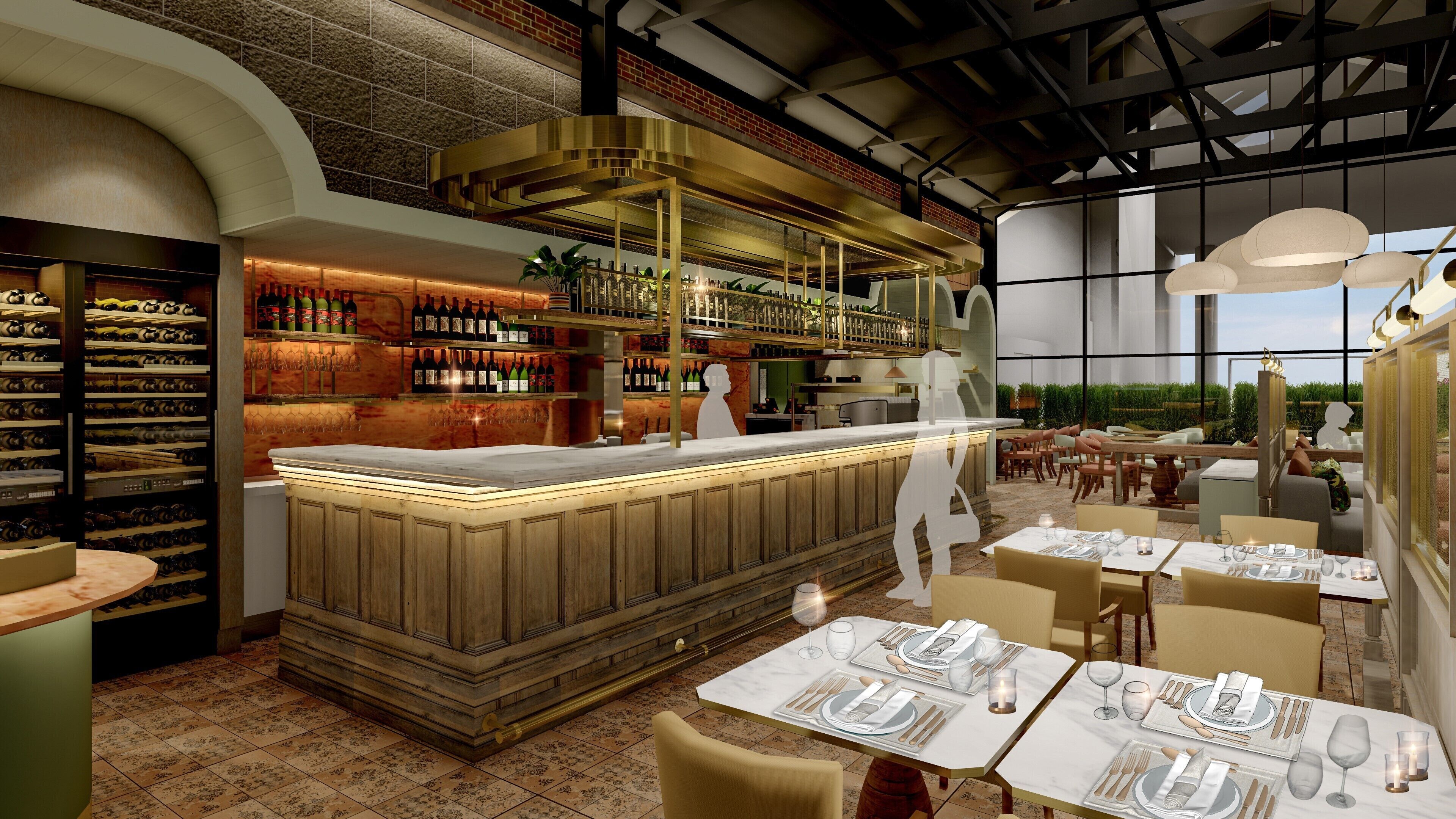 A modern bar area with a wooden counter, wine bottles, and a seating area with tables and chairs.