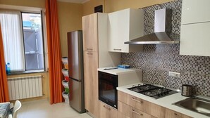 Una cocina compacta con estufa a gas, horno empotrado y refrigerador.