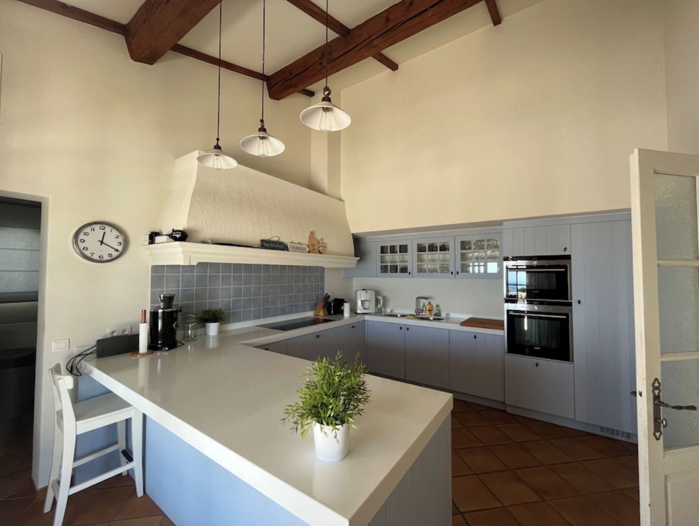 A kitchen with a large island, white cabinets, a clock on the wall, and a plant on the island.