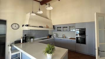 A kitchen with a large island, white cabinets, a clock on the wall, and a plant on the island.