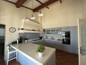 A kitchen with a large island, white cabinets, a clock on the wall, and a plant on the island.