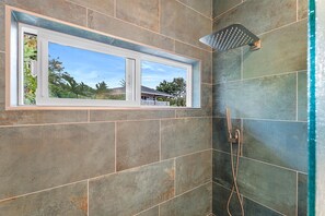 Combined shower/bathtub, hair dryer, towels