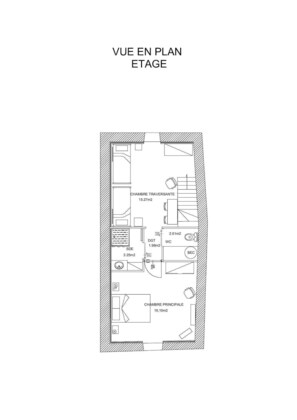 Grundriss eines Hotelzimmers mit einem Hauptschlafzimmer (16,10 m2), einem kleinen Schlafzimmer (15,27 m2), einem Badezimmer (2,61 m2), einer Toilette (1,98 m2), einem DGT (3,25 m2) und einem BEC (5000).