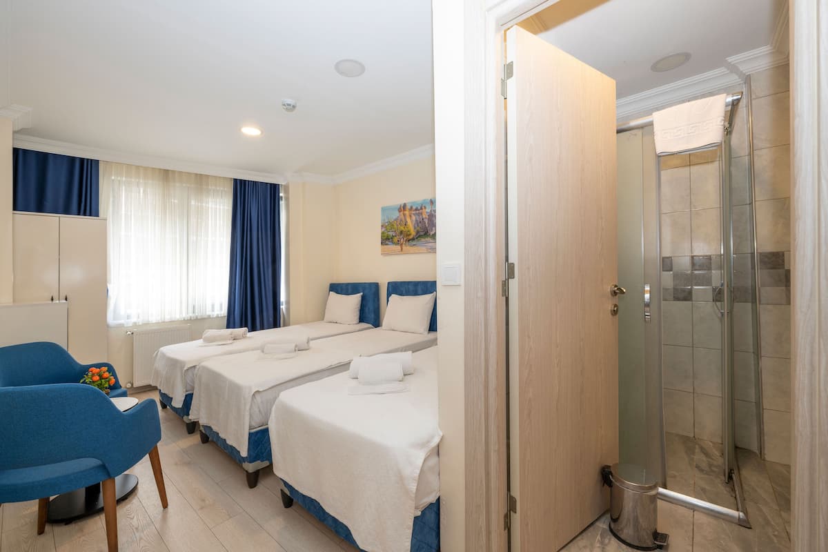 A hotel room with two beds, a shower, and a desk with a chair.