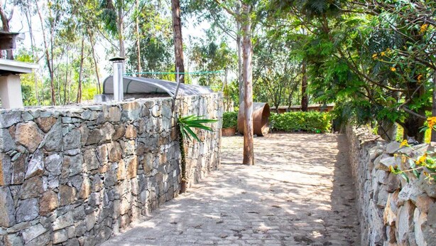 A cobblestone pathway flanked by stone walls, leading through a lush, green area with trees and plants.