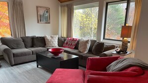 Een woonkamer met een grijze bank, een rode fauteuil en een salontafel met een rode kom. Aan de muur hangt een schilderij en op een bijzettafeltje staat een lamp.
