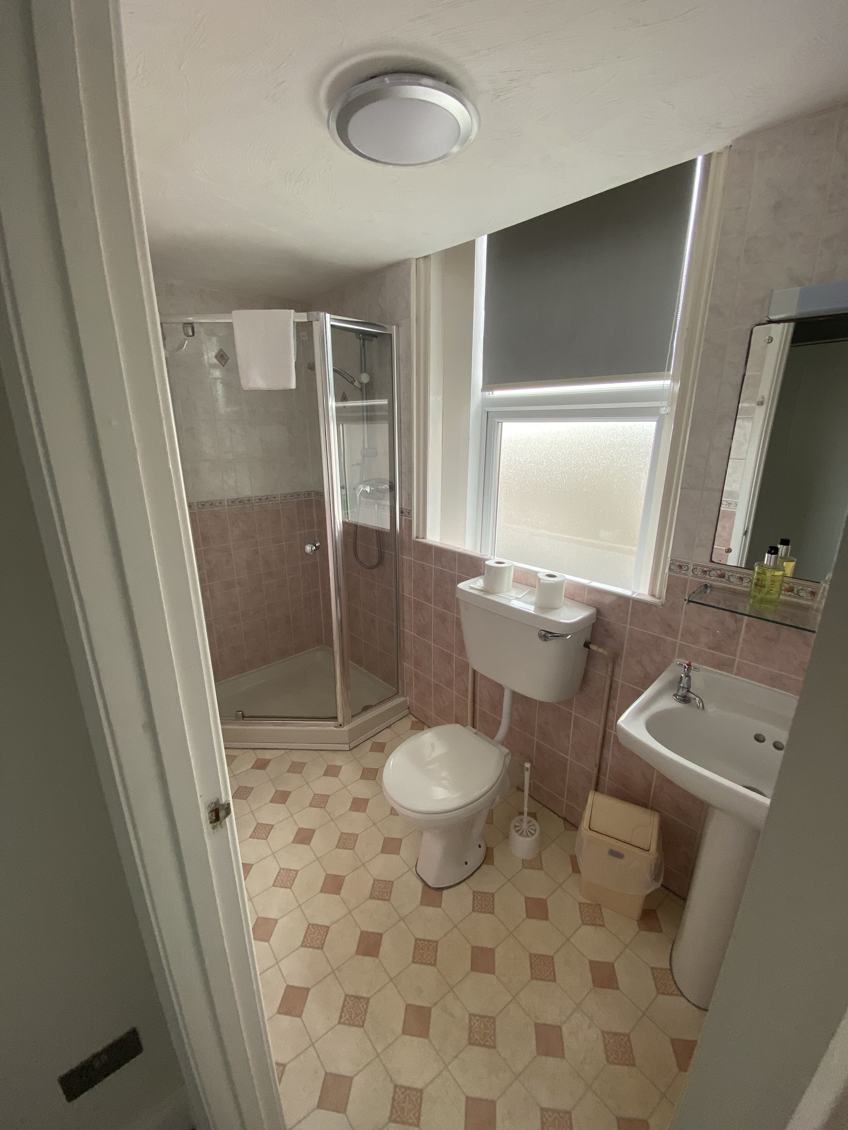 Een badkamer met een glazen douchecabine, een toilet, een wastafel en een raam.