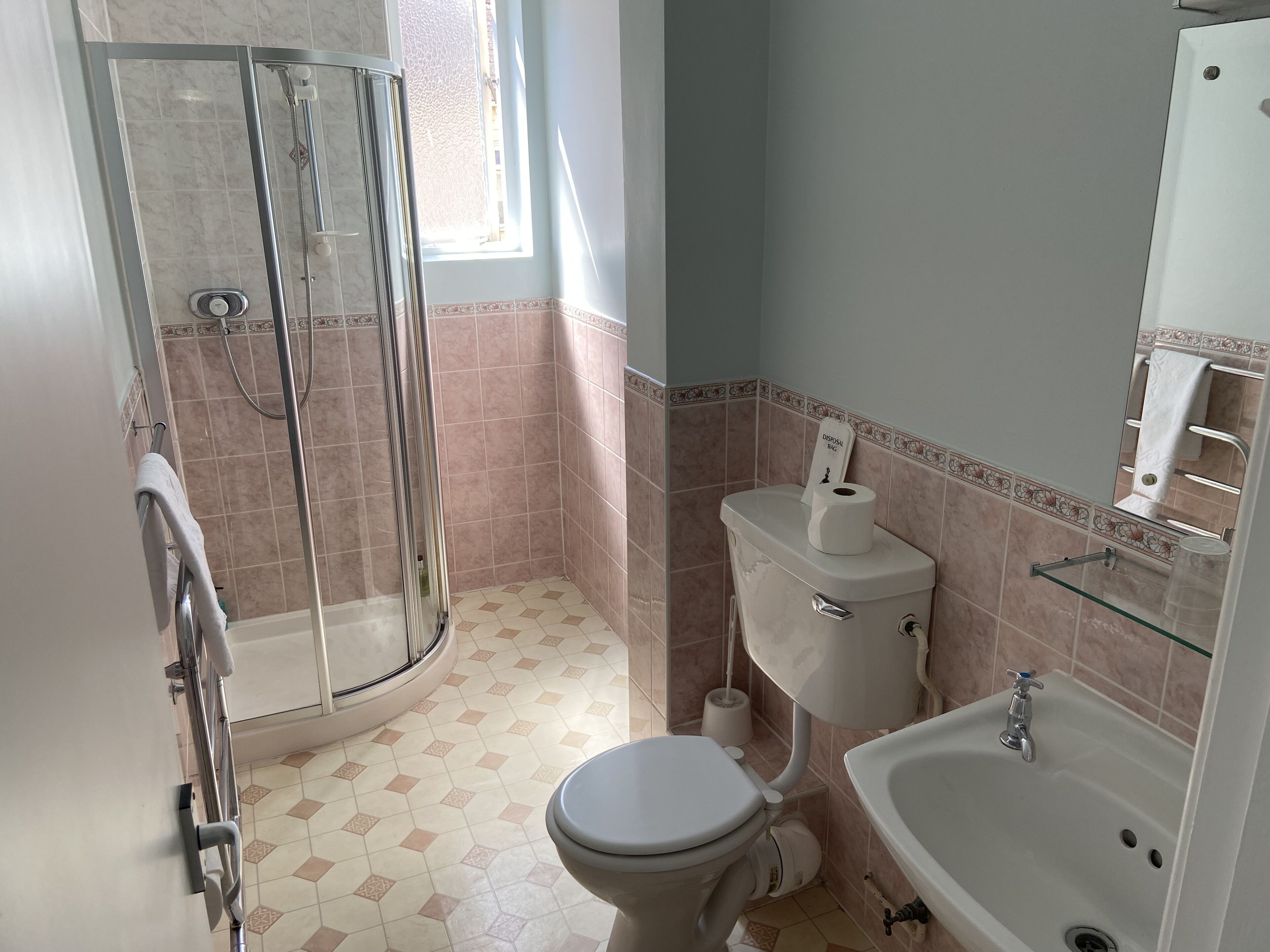 A bathroom with a glass shower enclosure, a toilet, a sink, and a mirror.