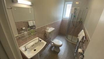 Un baño con lavabo, inodoro y ducha.