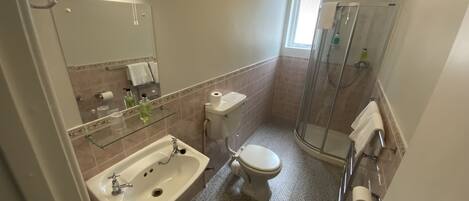 A bathroom with a sink, toilet, and shower.