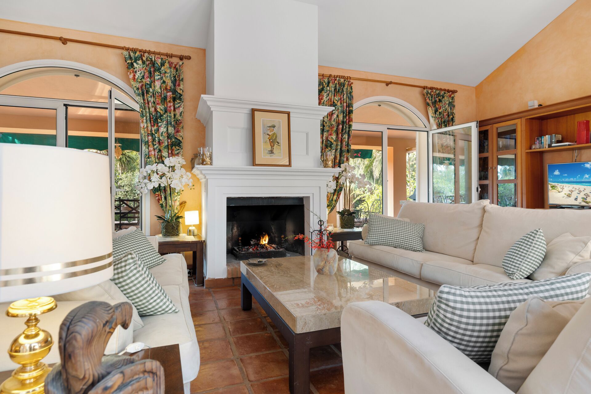 Smart TV, fireplace, DVD player, books