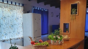 Una cocina con encimera de madera, un refrigerador y plantas en macetas.