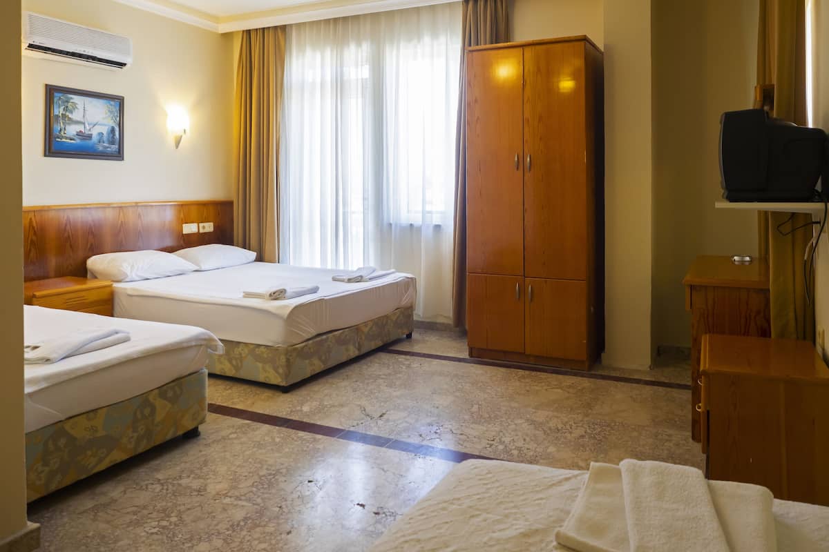 Una habitación de hotel con dos camas, un armario, un televisor y un cuadro en la pared.