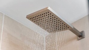 A shower with a square head and a wall-mounted handle. - DT TC Suite I Queen Bed I Walk Bars + Shops (Traverse City)