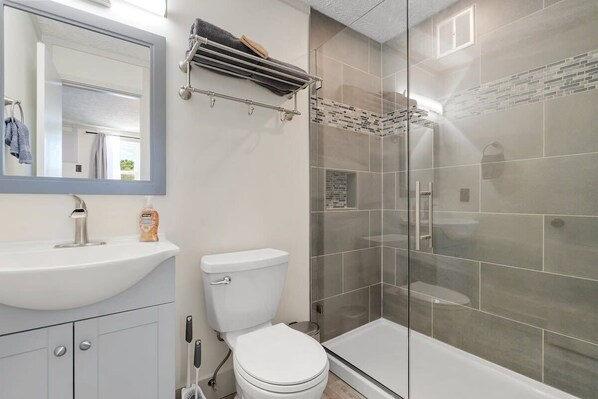 Shower, hair dryer, shampoo