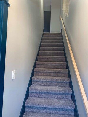 A carpeted staircase with a wooden handrail, leading to a door at the top.